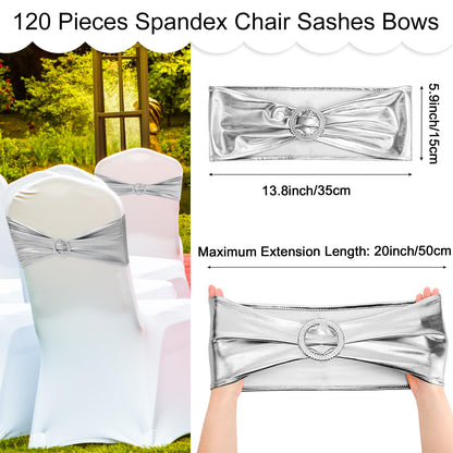 Oudain 120 Pieces Spandex Chair Sashes with Buckle Stretch Chair Cover Bands Bows for Wedding Hotel Banquet Events Decorations Sashes(Silver)
