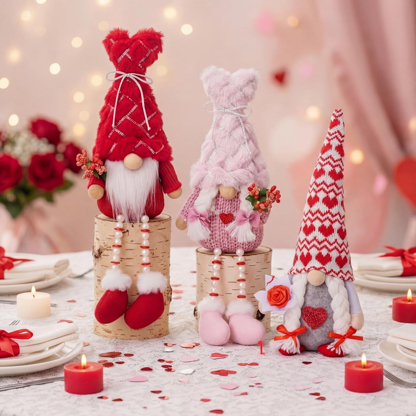 Sumind 3 Pcs Valentines Day Gnome Decorations Valentines Red Gnome Plush Gifts with Long Legs Pink Red Table Sitting Decorations Romantic Gift for Her Him Home Office Decoration