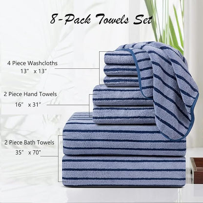 8 Pcs Navy Cabana Stripe Large Bath Towel Set Oversized Bath Sheet 2 Bathroom