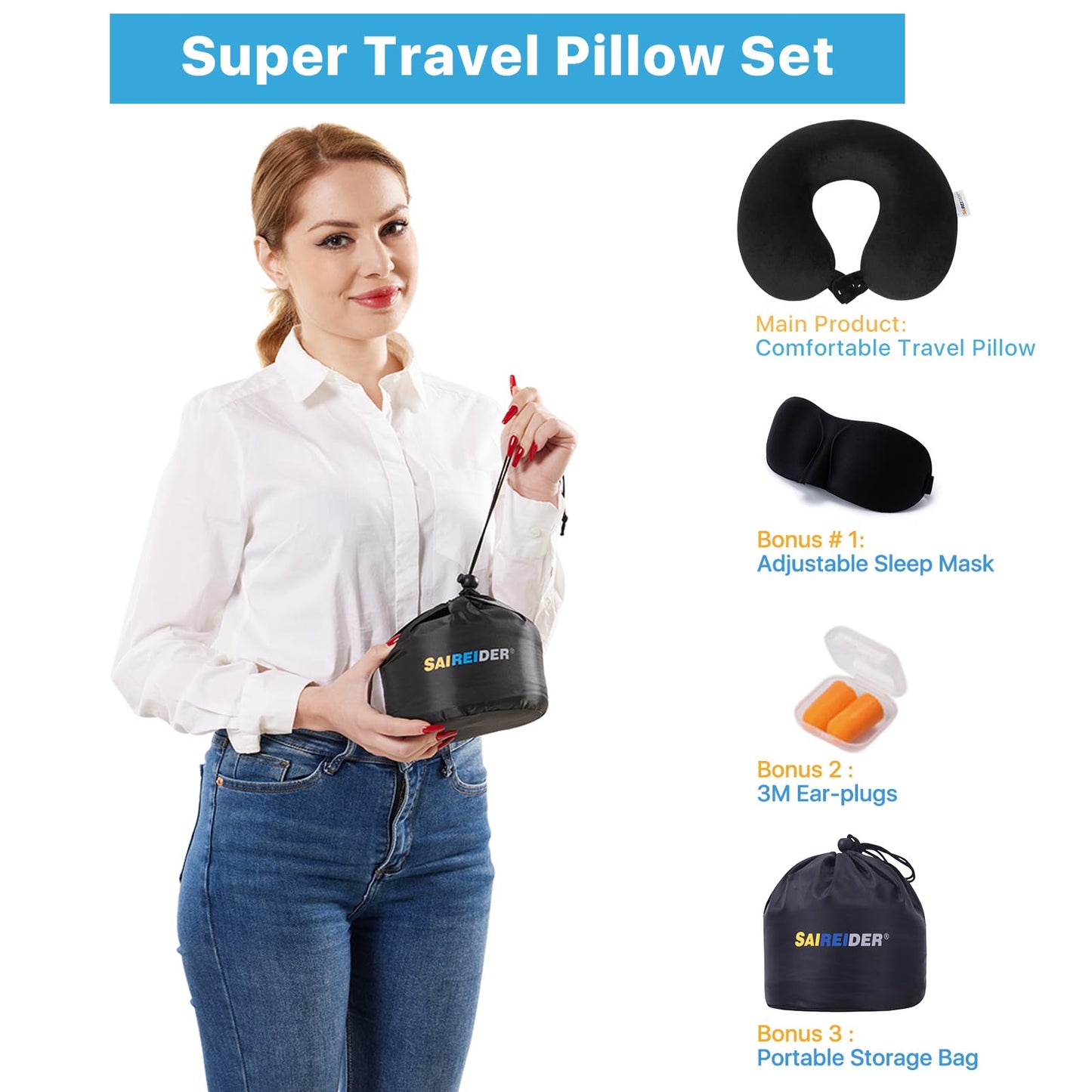SAIREIDER Neck Pillows for Travel-Head Neck Support Travel Pillow for Traveling, Car, Home, Office Adjustable(Navy Blue)