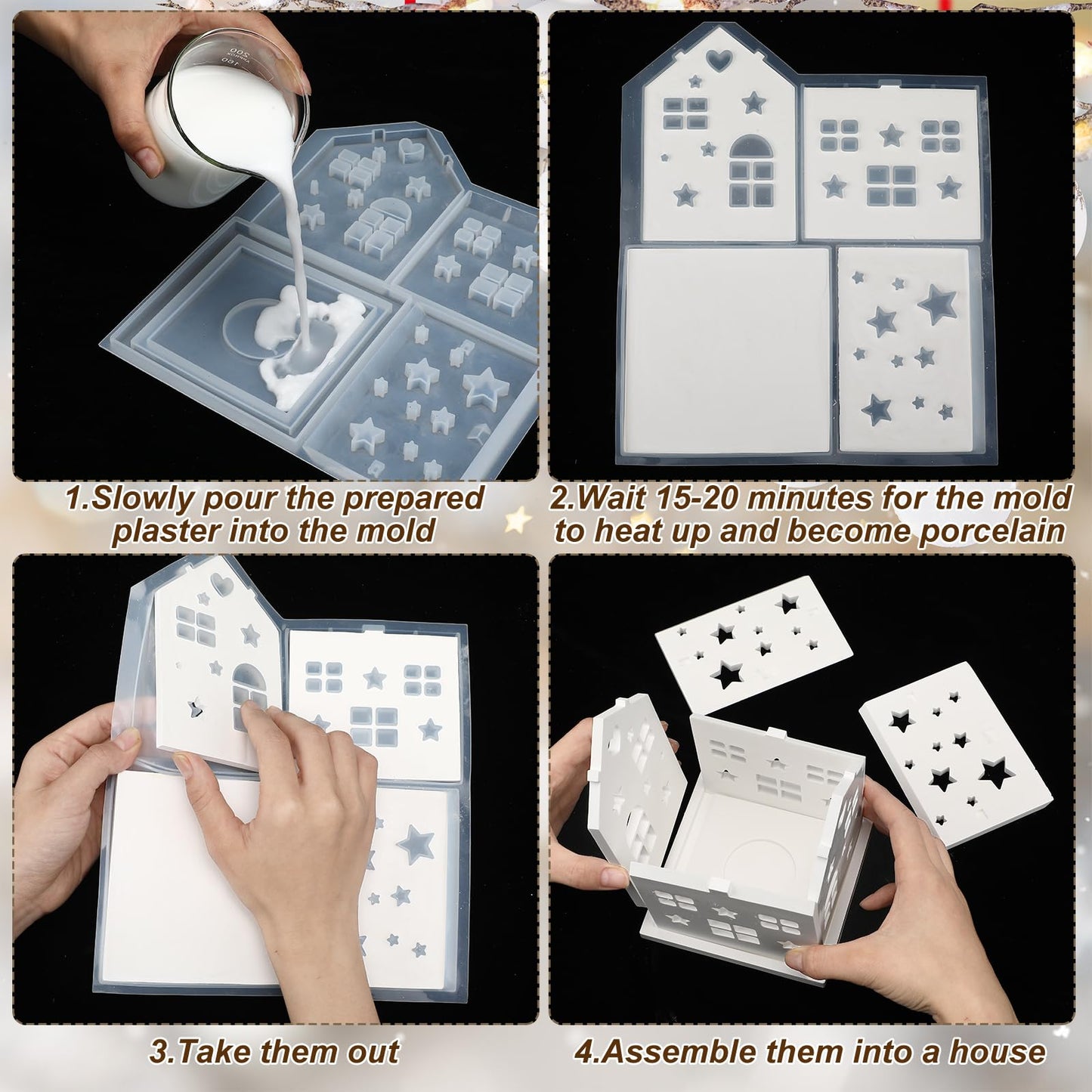 Reallnaive 2 Set Christmas Village House Silicone Molds Plaster Epoxy DIY Craft Making Mold White House Buildings Lantern Casting Xmas Tabletop Decoration for Home Indoor Xmas