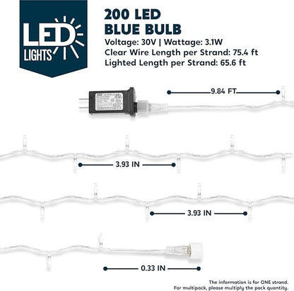 JOYIN 66FT Connectable Christmas String Lights Clear Wire, 8 Modes 200 LED Twinkle Fairy Lights for Indoor Outdoor, Christmas Tree, Classroom, Bedroom, Yard, Patio, Party Decor (Blue)