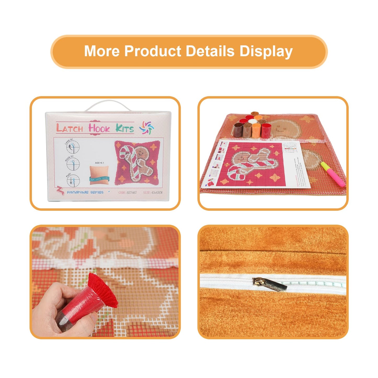 QIONG MENG Latch Hook Kits for Adults, DIY Christmas Gingerbread Pattern Pillow Cover Kit Needlework Cushion Cover Hand Craft Crochet for Home Sofa Decorations 17 x 17 Inch
