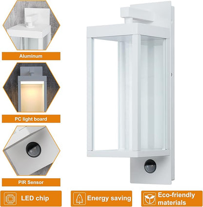 Lustrlach 2 Pack White Outdoor Wall Lights with Motion Sensor,15in LED Exterior Modern Porch Light Fixture IP54 Waterproof Wall Mount Lamp Wired for Outside Garden Front Door Patio