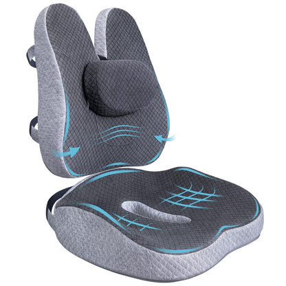 Memory Foam Seat Cushion & Lumbar Support Pillow for Office Chair Car Wheelchair, 3 Piece Chair Cushion Set with Adjustable Straps for Lower Back, Tailbone, Sciatica, Hip Pain Relief, CertiPUR-US