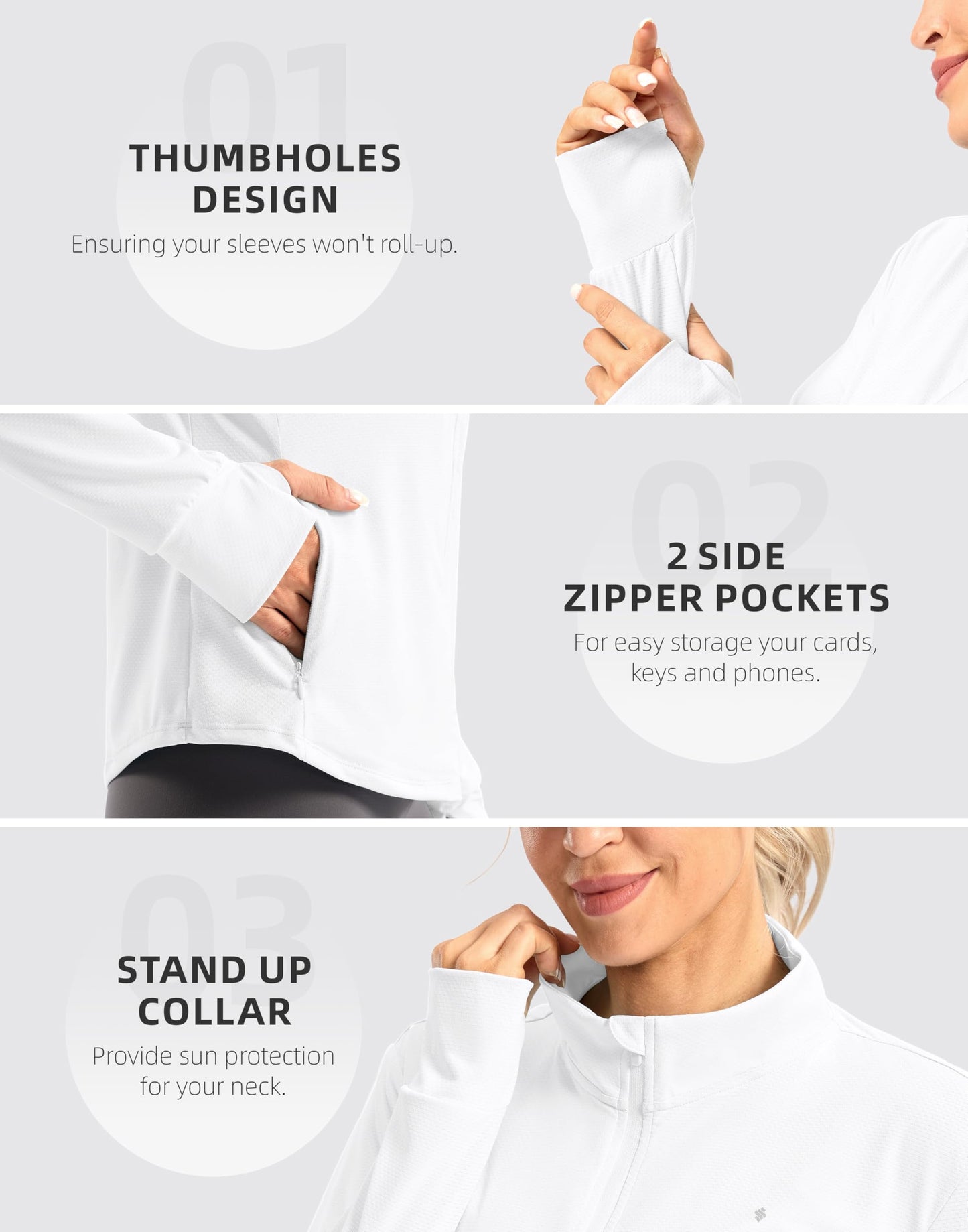 Soothfeel Women's UPF 50+ Lightweight Athletic Jackets Sun Protection Zip Up Long Sleeve Shirts Hiking Workout Outdoor Pocket, White, M