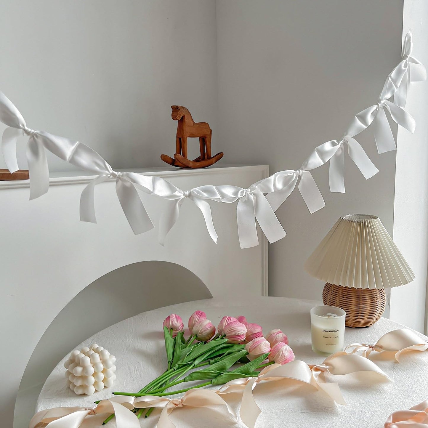 Eanjia Pre-Assembled White Bow Garland - 6ft Elegant Church Wedding Decor, Baby Shower Banner & Bridal Shower Backdrop, Thick Satin No DIY Needed! Baby Room Bed Decor (White, 6ft)