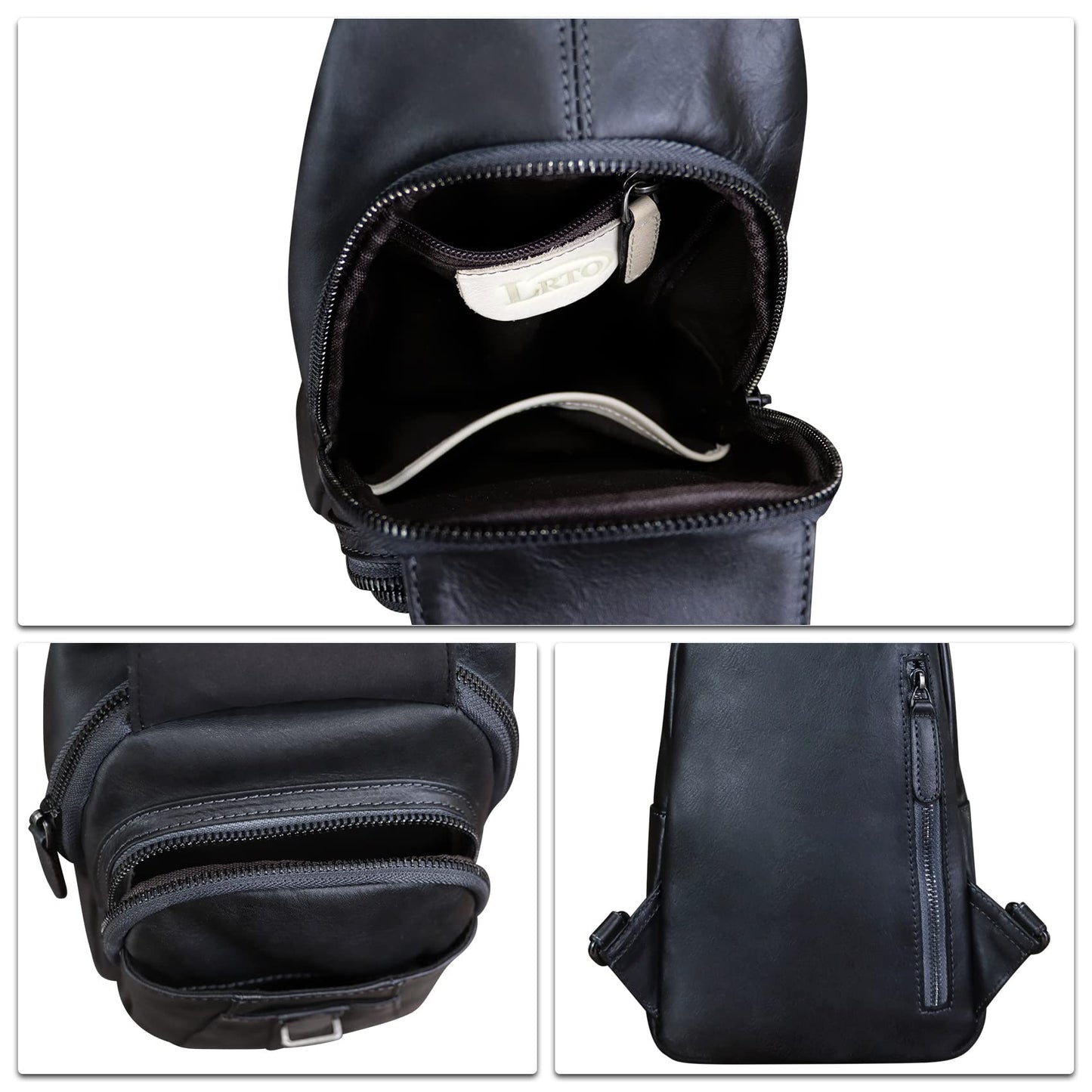 LRTO Genuine Leather Sling Bag for Women and Man Handmade Retro Hiking Crossbody Backpack Purse Chest Shoulder Daypack (Black)