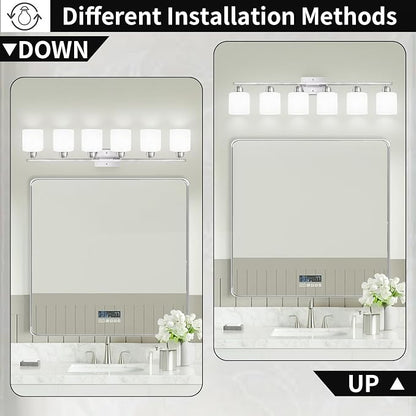Brushed Nickel Vanity Light for Large Mirror, 6 Light Bathroom Lighting Fixtures Over Mirror with Milky White Frosted Glass Shades, 38 inch Bathroom Light for Mirrors, E26 Socket