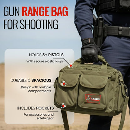 Gun Range Bags for Handguns and Ammo – Tactical Shooting Bag can Fits 3+ Pistols – Compact Gun Carrying Case with Durable Double Stitching Lockable YKK Zippers, Magazine Storage & Shoulder Strap