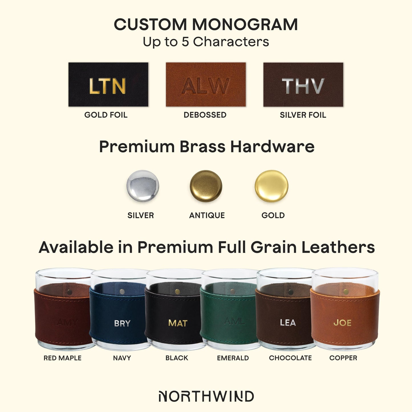 Northwind Personalized Leather Wrapped Rocks Glass - Made in USA - Comes with 10.5 OZ Whiskey Glass - Custom Monogram Full Grain Leather Bourbon Gift for Men, Groomsmen, Father's Day