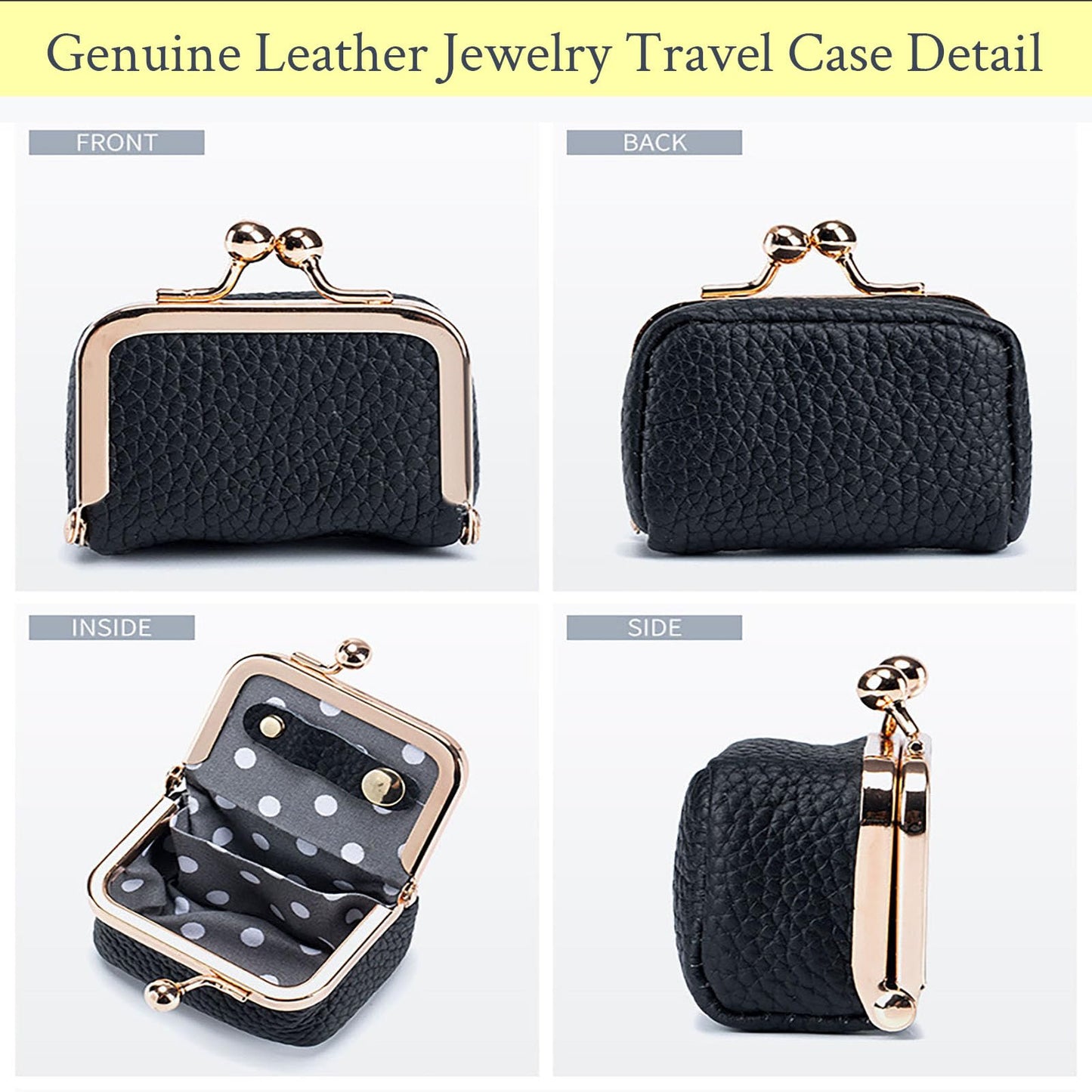FURZART Genuine Leather Jewelry Travel Case Mini Portable Organizer with Kiss Lock & Anti-Tip Design, Stable Small Jewelry Box for Earrings, Rings, Coin Purse & Travel (2.55x1.77 Inch, Black)