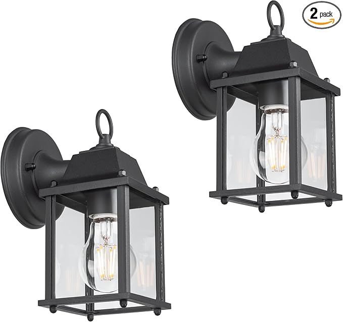 LIT-PaTH Outdoor Wall Lantern, Wall Sconce as Porch Lighting Fixture, E26 Base, Aluminum Housing Plus Glass, Water-Proof and Outdoor Rated, ETL Qualified, 2-Pack, Black
