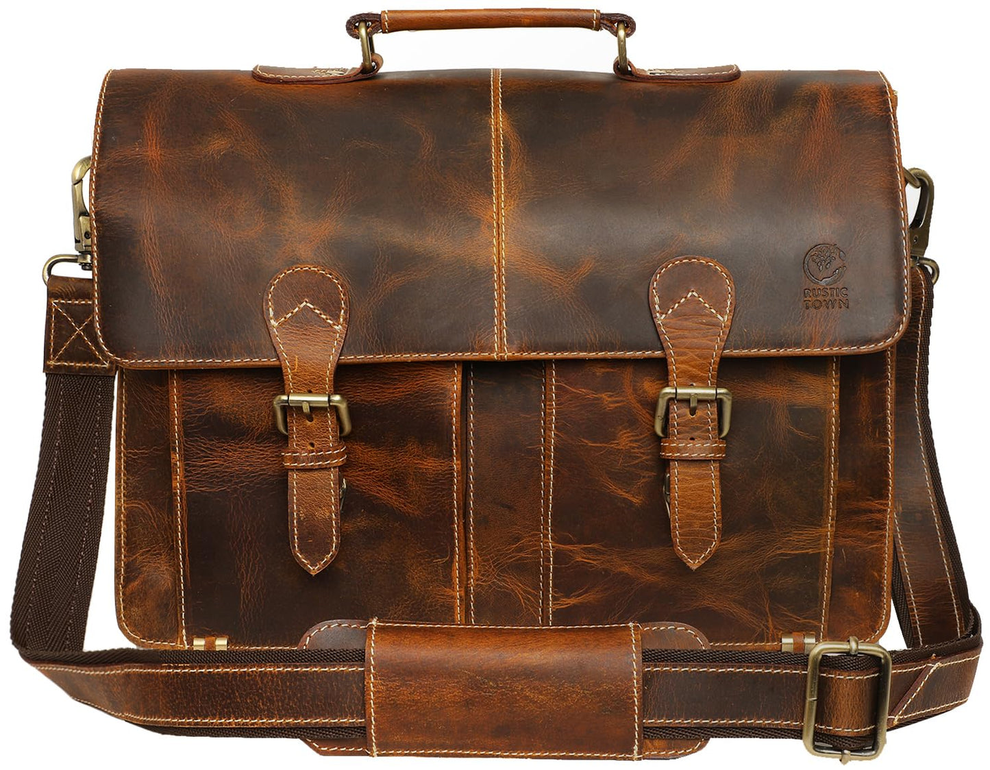 RUSTIC TOWN Handcrafted 16-inch Brown Leather Shoulder Briefcase Messenger Bags Men's 15.6 inch Laptop Satchel