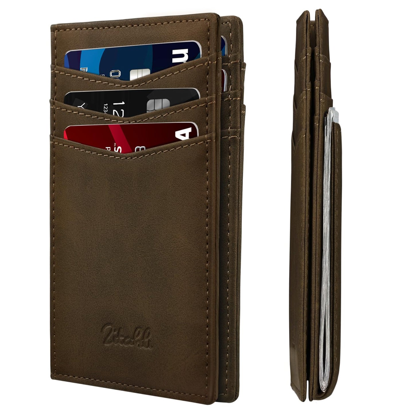 Zitahli Mens Slim Wallet - RFID Blocking Leather Bifold with Magnetic Closure, 12+ Card Capacity ID Window | Money Clip Gifts for Him