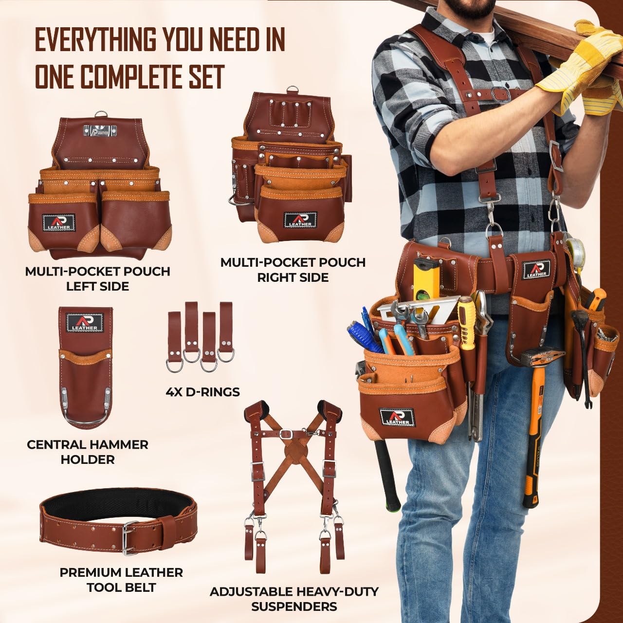 AP-LEATHER PRO-19 4MM Genuine Full Grain Leather Tool Belt for Men, tool belt with suspenders, Comfort Back Padded Support with Brass Hardware Tool Pouches With Suspenders (28 Pocket Tool Belt)