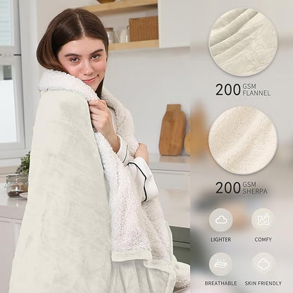 Electric Heating Blanket Queen Size, Cozy Flannel Sherpa Heated Electric Blanket with 5 Heating Levels & 10 Hours Auto Off, Fast Heating, Machine Washable Heated Blanket, 84" x 90", White