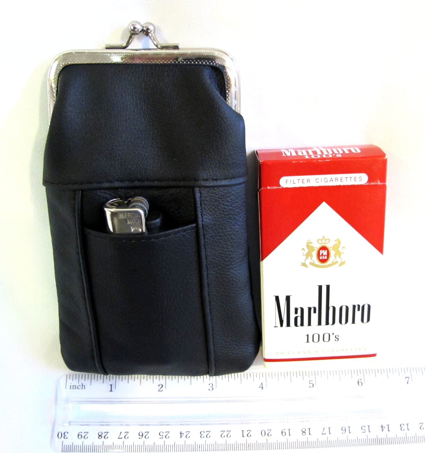 100's 120's 100% Genuine Leather Cigarette Case Lighter Pocket Kiss Lock Metal Twist Clasp Slim Durable -BLACK