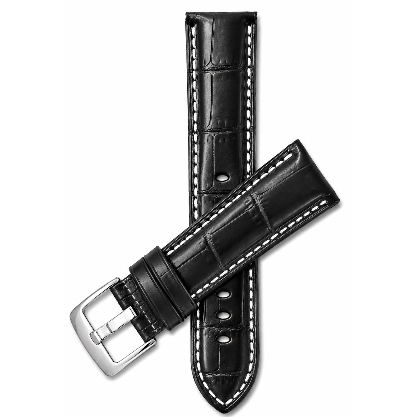 Bandini Mens 18mm Extra Long Leather Watch Band for Large Wrists – Premium Top Grain Alligator Embossed Strap, Durable Replacement, Soft Comfortable Fit, Black with Stitch