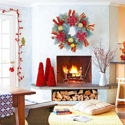 20 Inch Christmas Wreath for Front Door, Artificial Golden Glitter Wreath with Red Poinsettia Flowers Balls Ornaments for Door Wall Window Fireplace Party Decor