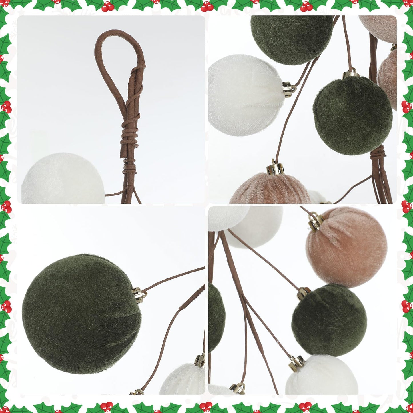 Simgoing 6 ft Christmas Ball Ornament Garland Christmas Bauble Hanging Ornament Neutral Velvet Bulb Ball Garland for Xmas Tree Table Mantel Staircase Indoor Outdoor Decor(White, Brown, Green)
