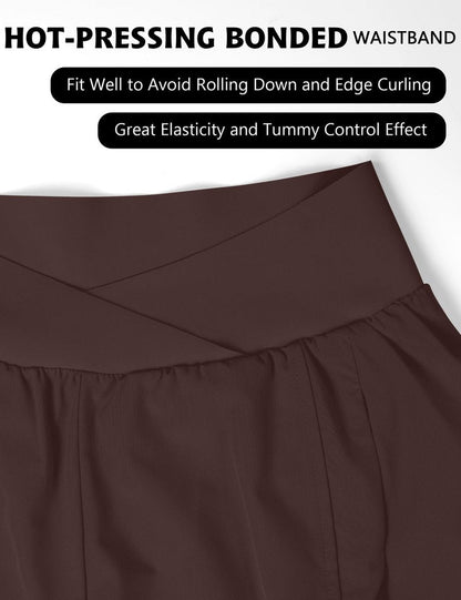 Blooming Jelly Women's Workout Shorts Athletic Running Crossover High Waisted Gym Sport Yoga Shorts with Zipper Pockets (Brown,Small)