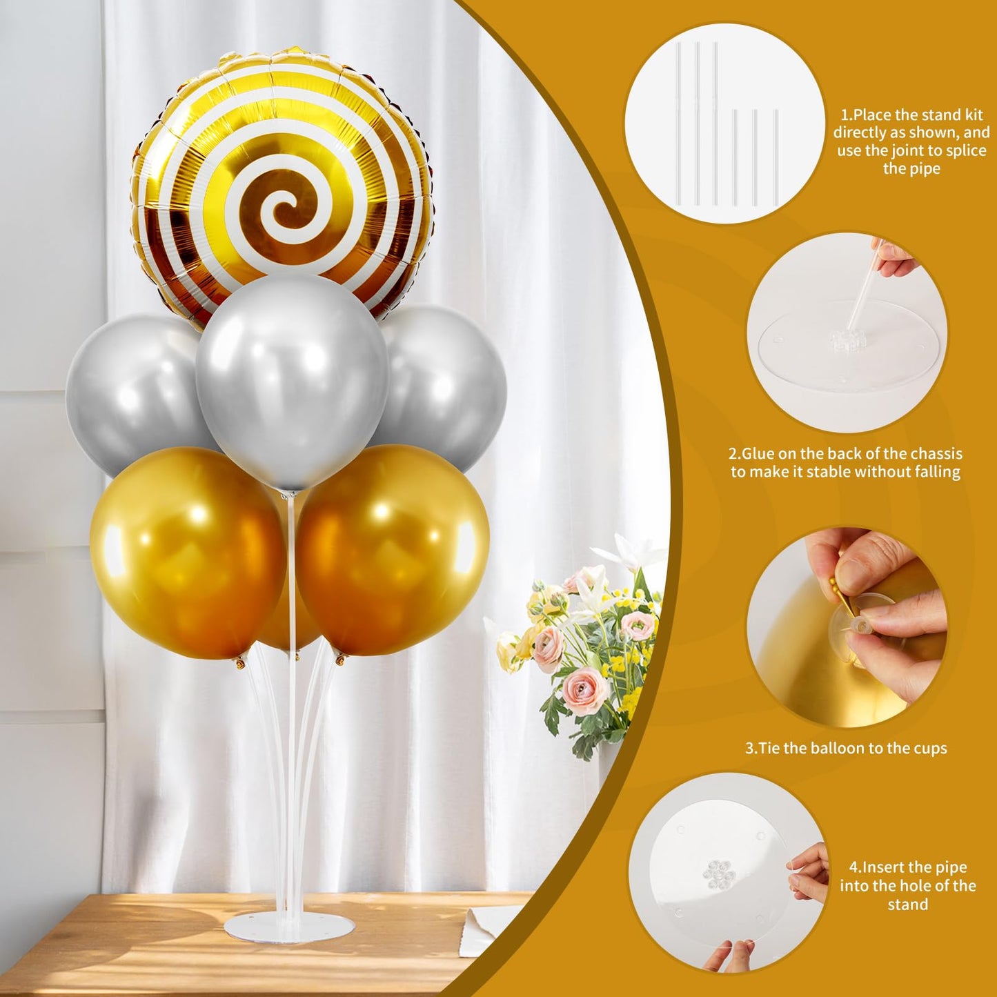 Candyland Party Decorations, Sweet Candy Balloon Stand kit 2 Sets Balloon Centerpieces for Table, Mylar Foil Round Lollipop Balloons for Candy land Birthday Party, Candies Shop, Home Decoration-Gold