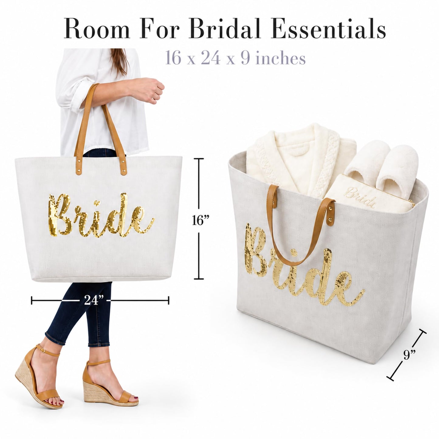 Mud Pie Bride Tote Bag, Bridal Shower Gift with Gold Sequin Script, Bridal Bag With Vegan Leather Handles