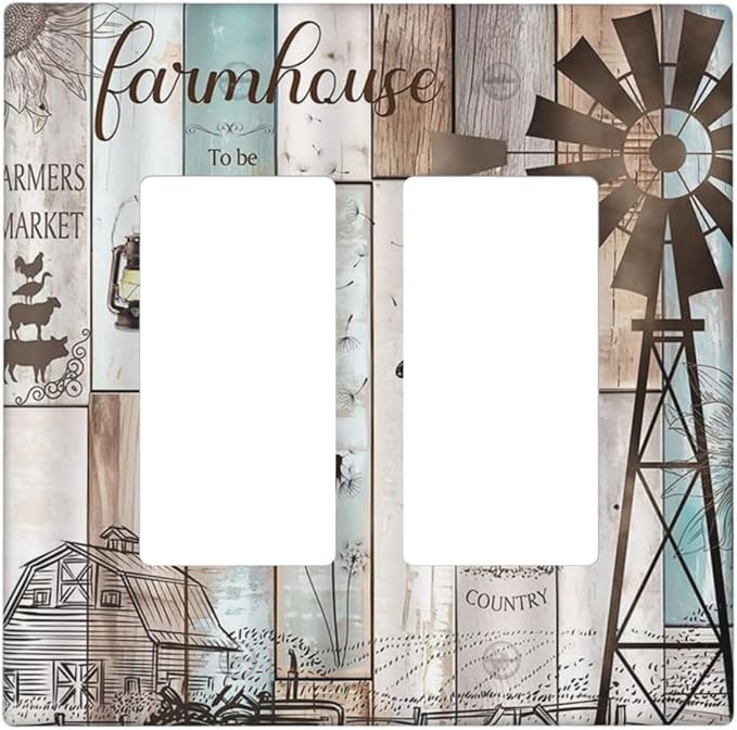 Rustic Western Farmhouse Windmill Double Rocker Light Switch Cover Vintage Barn Wooden Plank Inspirational Quote 2 Gang Outlet Wall Plate Decorative GFCI Switchplate Electrical Faceplate