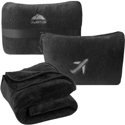BlueHills Travel Blanket Pillow in Mini Soft Packable Case Premium Plush Airplane Blanket in Portable Compact Pack with Luggage Belt and Carabiner Long Flight Throw Essentials Lightweight- Black M05