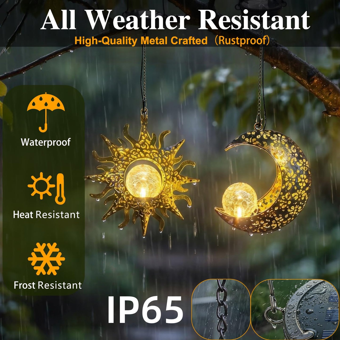 Amugmilk Solar Hanging Lights for Outside Garden,Outdoor Metal Lanterns Sun Moon Lamp, Large Decorations for Yard Garden Patio Proch Tree Wall, Christmas Gifts for Women Mom