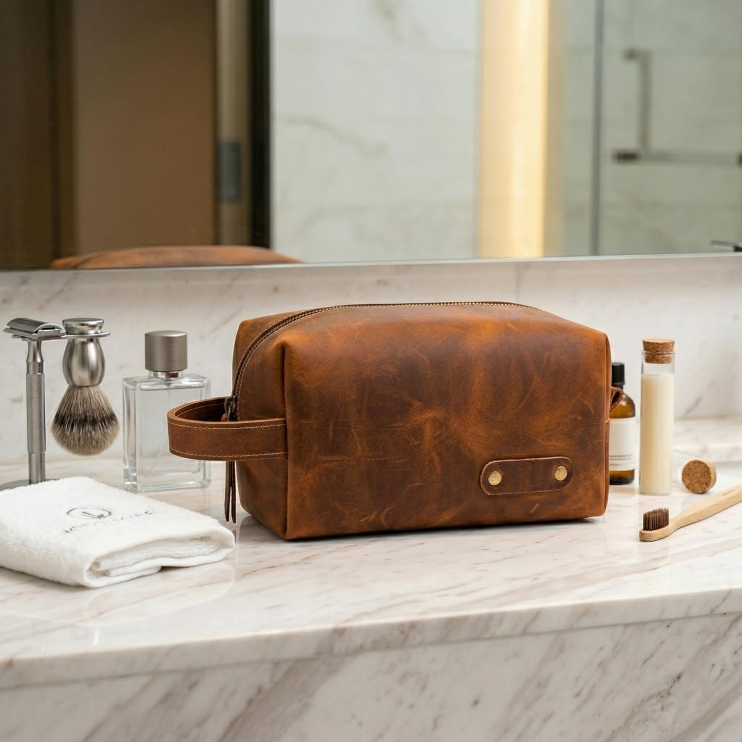 Alomce Travel Toiletry Bag for Men, Premium Genuine Leather Dopp Kit, Vintage Water-Resistant Shaving Organizer Case, Spacious Single Compartment Grooming Pouch