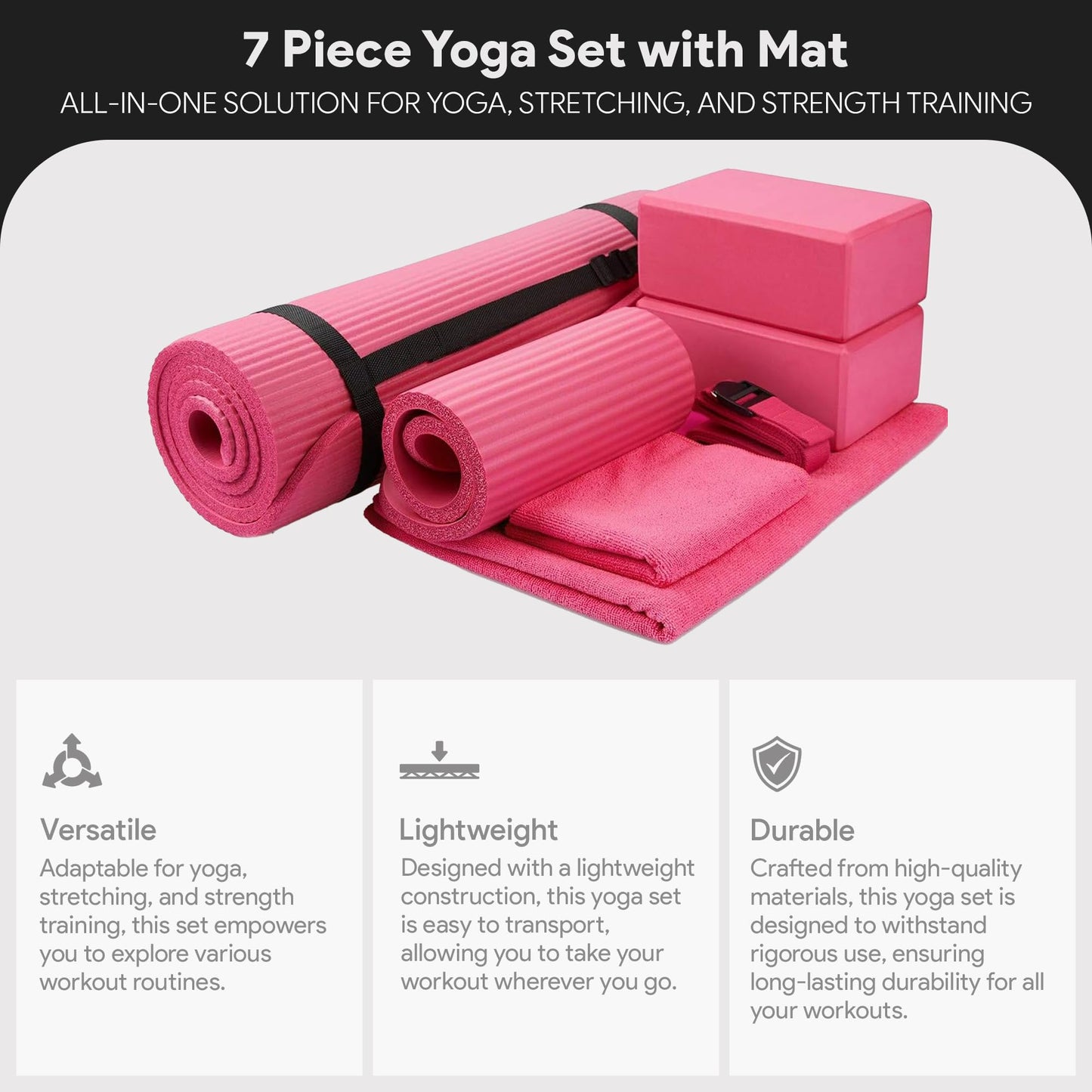BalanceFrom 7-Piece Yoga Set with 71x24x0.5 Inches Extra Thick Mat and Carrying Sling – Includes 2 Blocks, Stretch Strap, 2 Towels, and Knee Pad for Home, Studio, and Gym Workouts