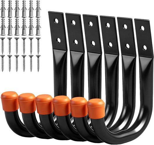 Heavy Duty Metal Wall Hooks - 6-Pack Large Garage Storage & Organization Hooks for Tools, Ladders, Bags | Wall Mount J Hooks, Black
