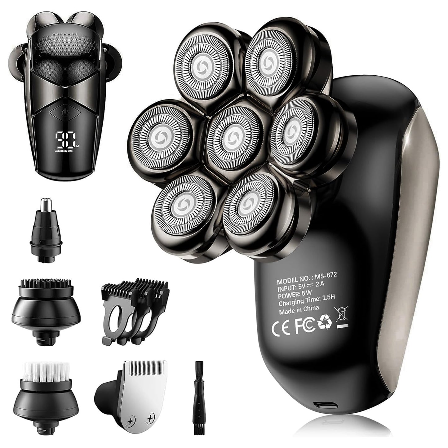 SHPAVVER Head Shavers for Bald Men: 5-in-1 Detachable Electric Razor - IPX7 Waterproof Wet Dry Shaving for Balder - LED Display & Precision Blades Rotary Shavers (Deep Black)
