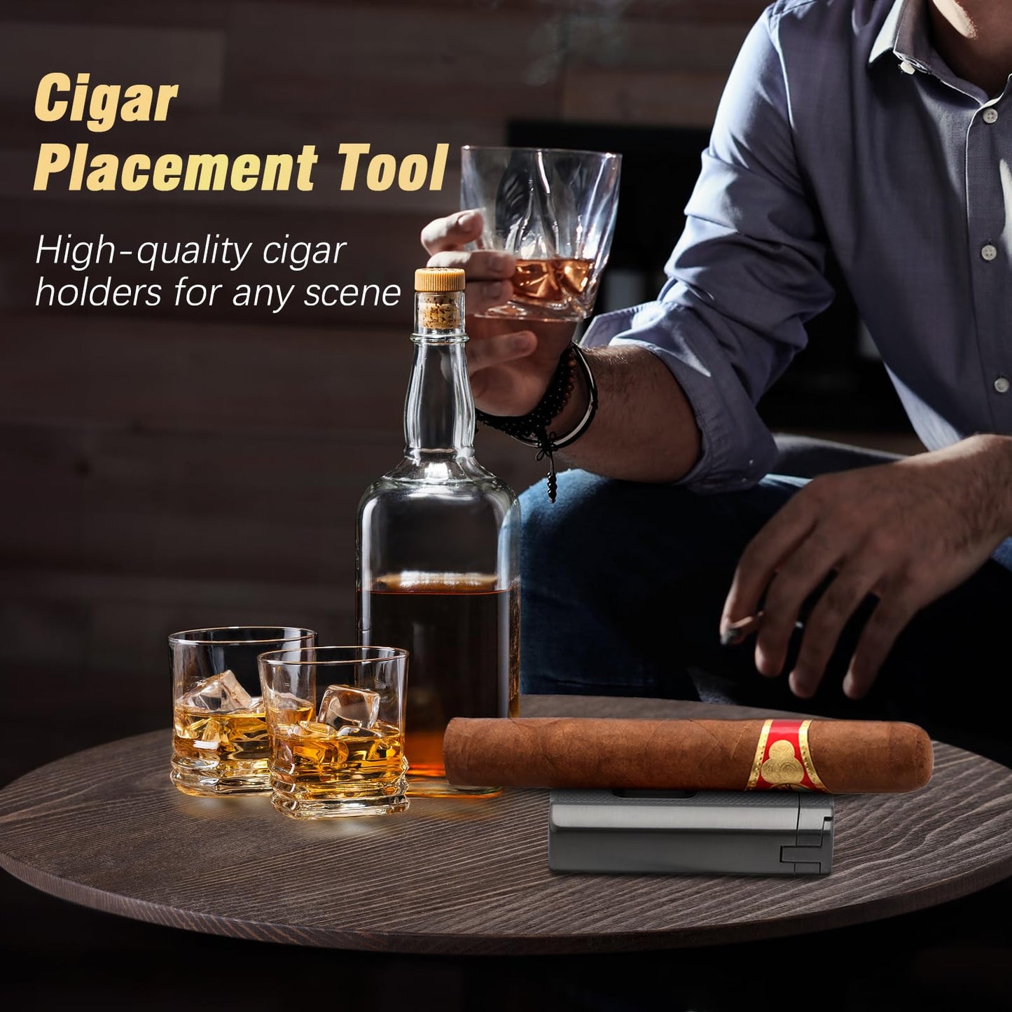 TISFA Cigar Humidor, Leather Cedar Wood Cigar Case with Cigar Lighter, V Cut Cigar Cutter, Cigar Holder 3 in 1, Portable Travel Cigar Humidor Box with Humidifier (Black)