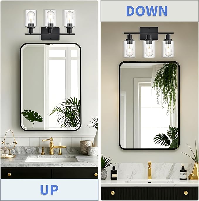 Bathroom Vanity Light,3-Light Modern Black Bathroom Light Fixtures with Clear Glass Shade,Wall Lamps for Living Room,Bath Vintage Wall Mounted Lights for Mirror,Bedroom