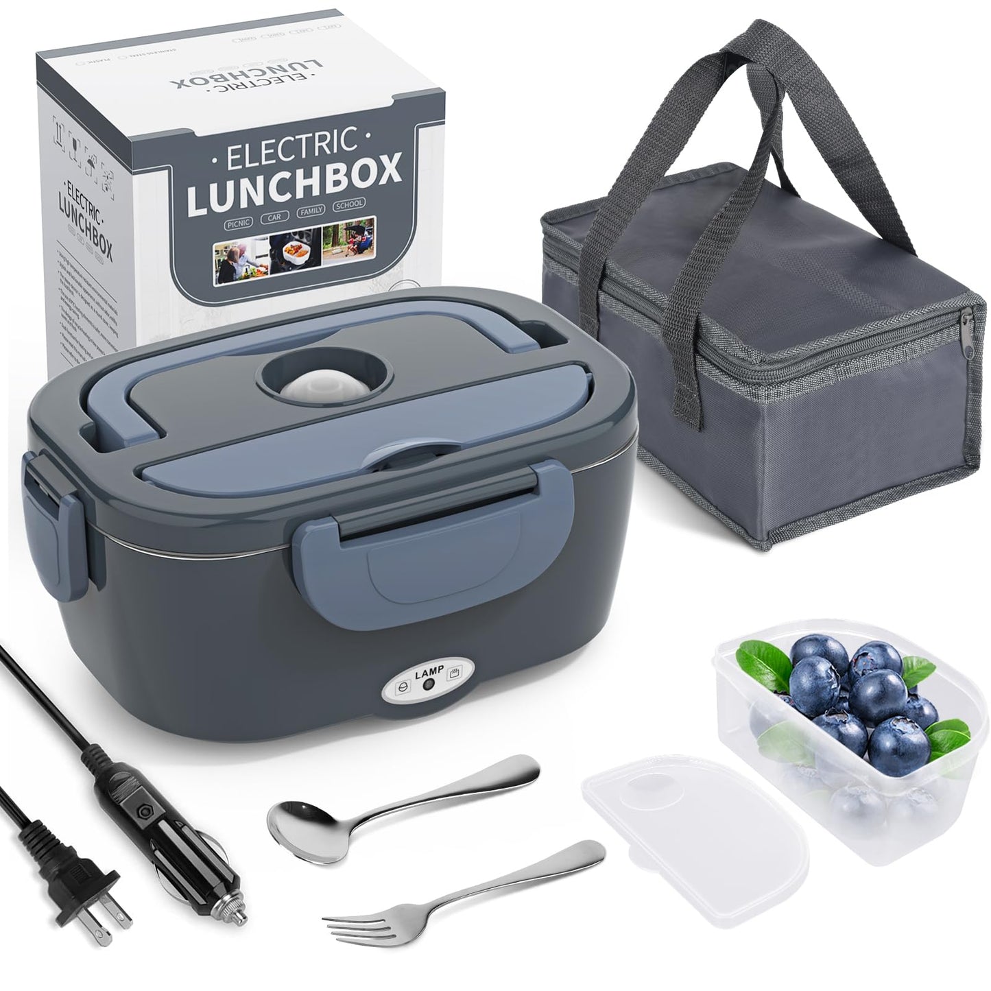 Electric Lunch Box Food Heater, 3 in 1 Ultra Quick Heated Lunch Boxes for Adults, 12V/24V/110V Portable Food Warmer for Car/Truck/Office With Fork Spoon and Insulated Carry Bag