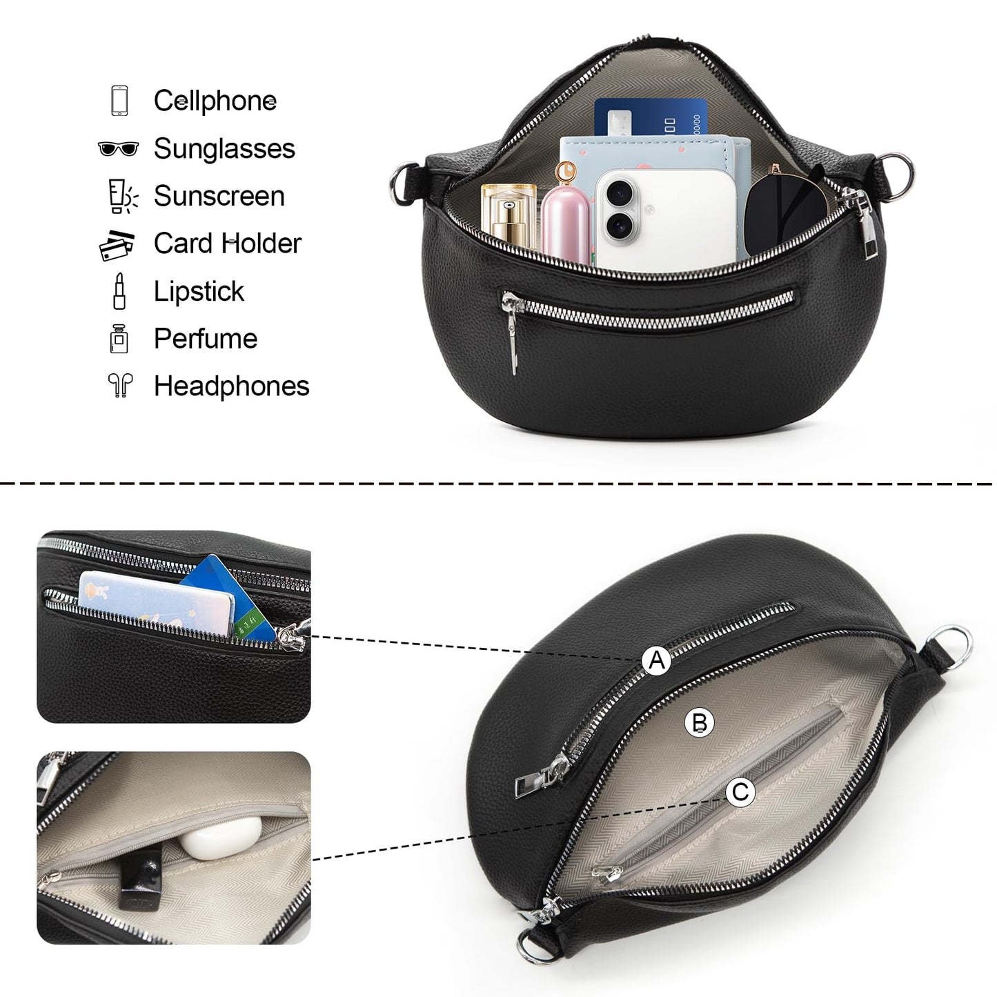 Long Keeper Faux Leather Crossbody Bags Bum Bag for Women Fanny Pack Lady Trendy Shoulder Sling Bag Waist Bags Belt Bag (Matte Black)