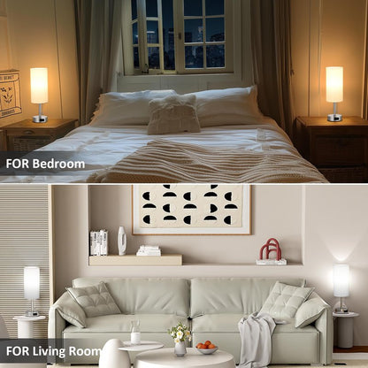 Fenmzee White Silver Bedside Table Lamps Set of 2-3 Color Temperatures Pull Chain Lamp with AC Outlet Charging Port, Two Round Night Stand Lamps for Bedroom, Small Bed Side Light with E26 LED Bulbs