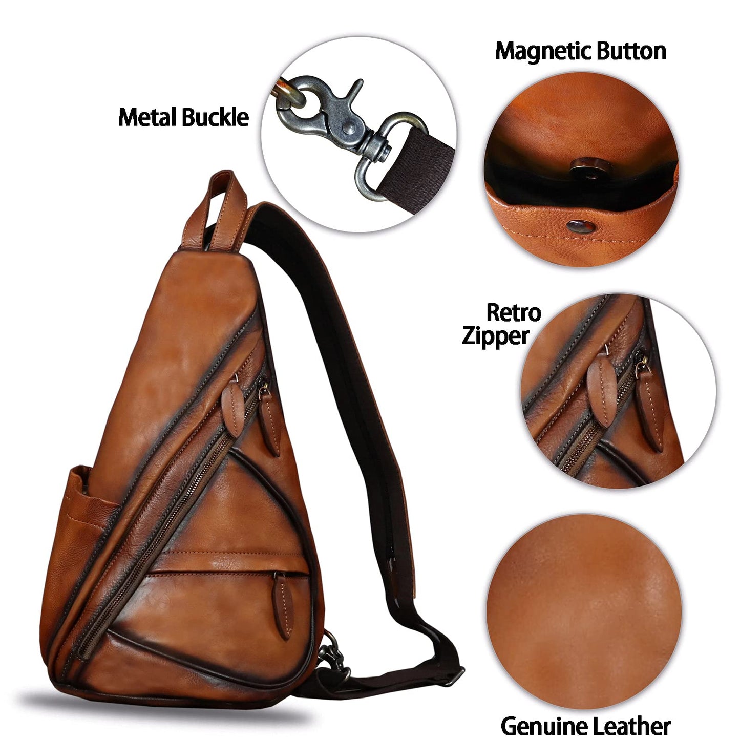 Genuine Leather Sling Bag for Men and Women Vintage Sling Backpack Shoulder Crossbody Bag Chest Bag for Ipad (Brown)