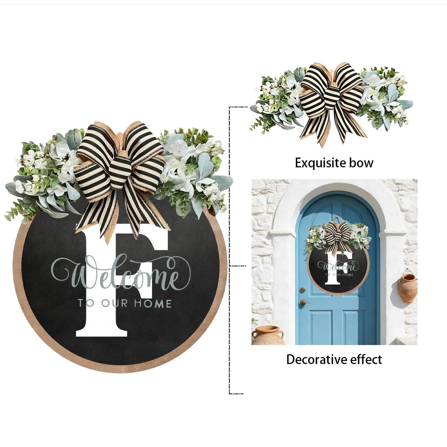 Last Name All Year Round Front Door Garland, Rustic Round Wood Wreaths wall Hanging Outdoor, Farmhouse, Porch, for Spring Summer Fall All Seasons Holiday Halloween Christmas (F)