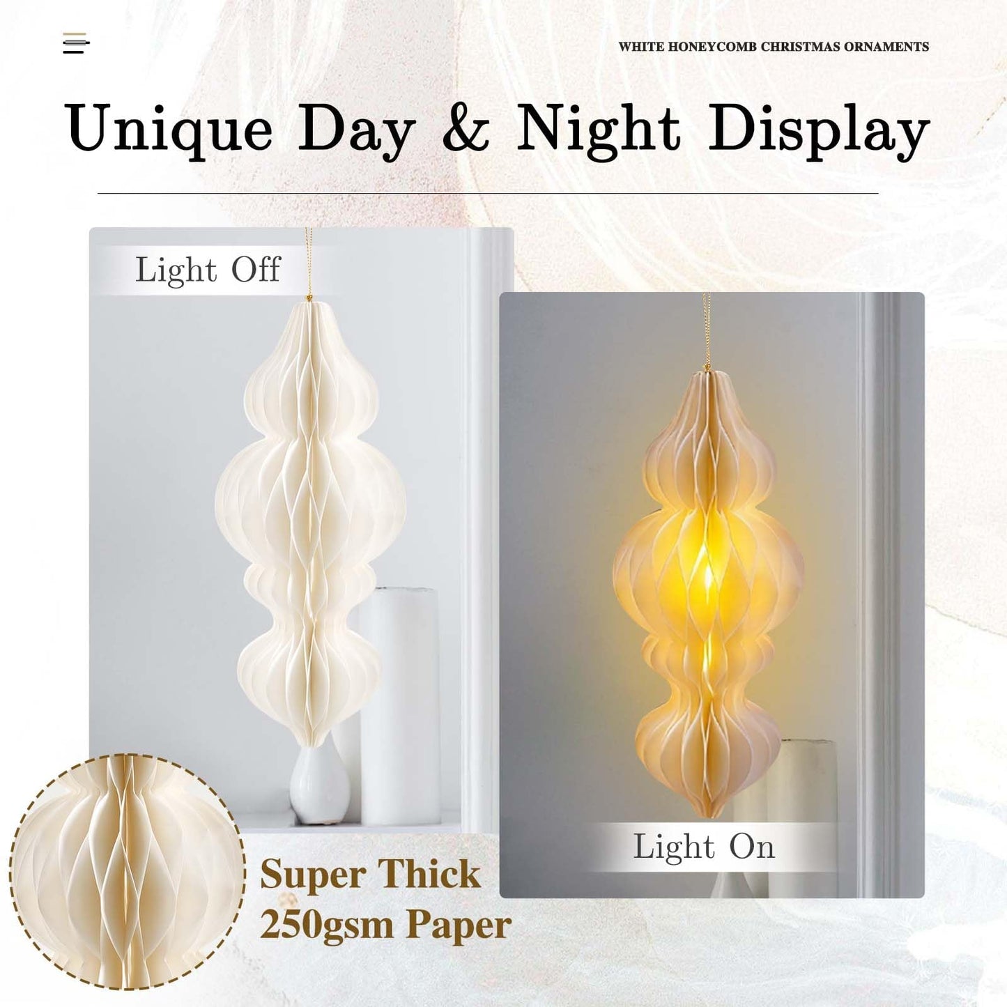 White Christmas Hanging Decorations Set, 3D Paper Honeycomb Ornaments Decorative Honeycomb Bell Lanterns with Lights, Paper Snowflake Fans Garlands for Xmas Tree Winter Wonderland Holiday Party Decor