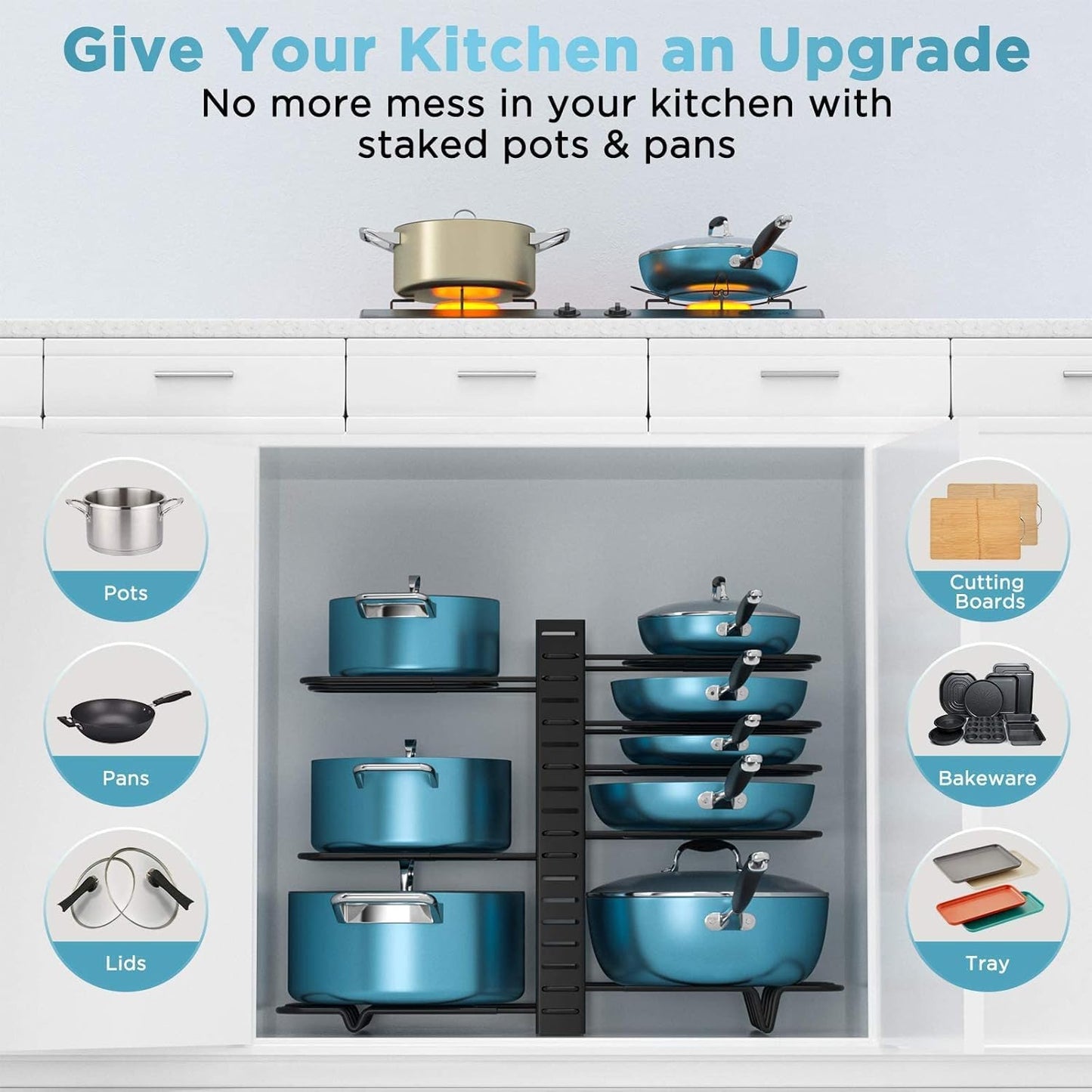 ORDORA Pots and Pans Organizer for Cabinet 16.61'' Height, 8 Tier Pot Organizers Rack with 3 DIY Methods, Adjustable Pan Organizer under Cabinet Kitchen Organization and Storage