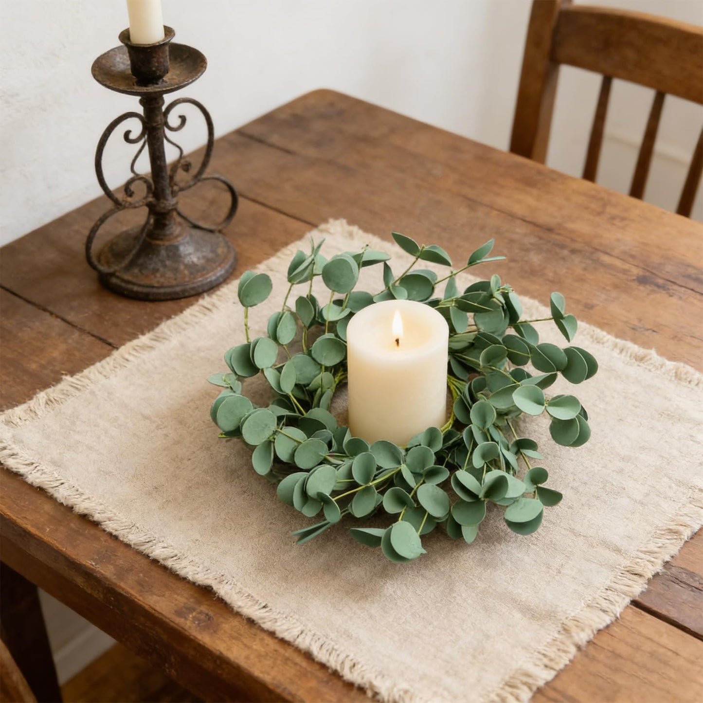 4 Pcs Small Spring Summer Candle Ring Wreaths with Artificial Eucalyptus Greenery Mini Pillar Candle Holder Wreath for Home Table Centerpieces Kitchen Wedding Farmhouse Party Decor