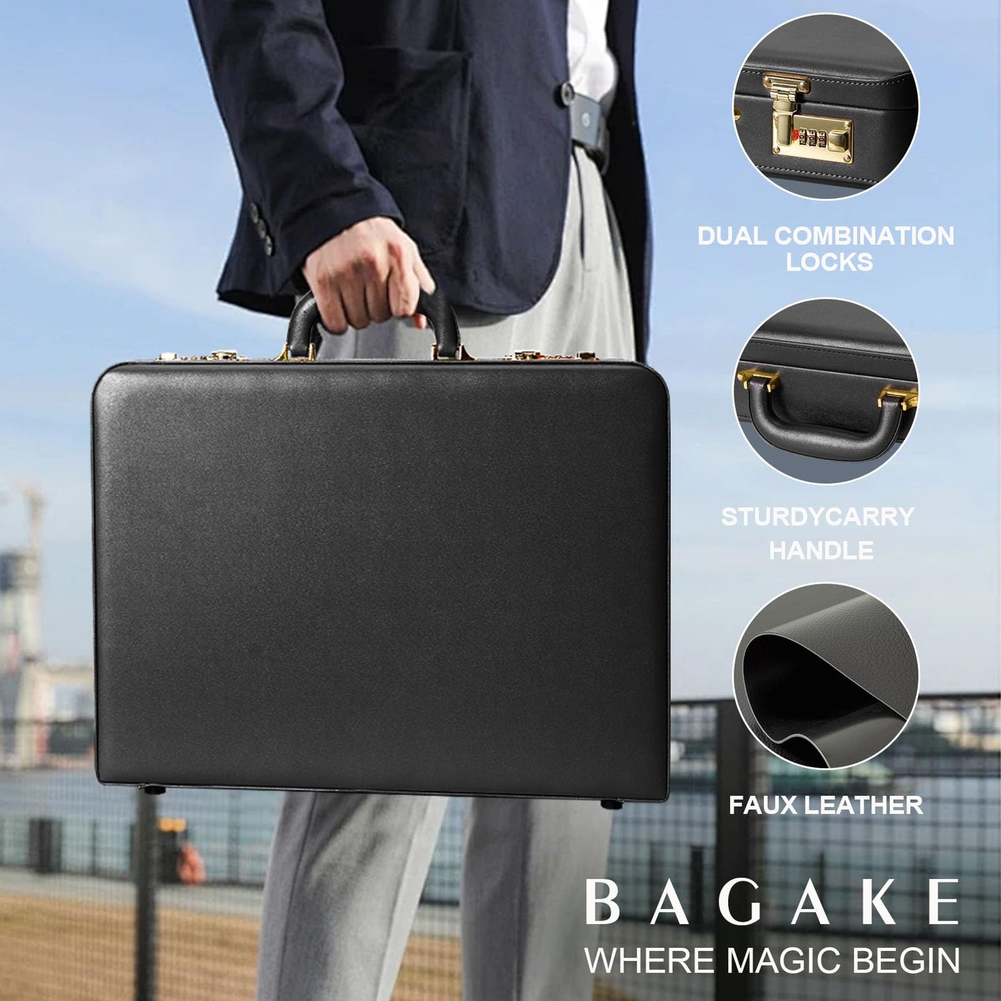 Briefcases for Men, Anti-Theft Dual Lock,16 Inch Laptop Compartment, Waterproof Faux Leather & Multi File Organizer, Professional Business Bag for Office, Work & Travel【Black]
