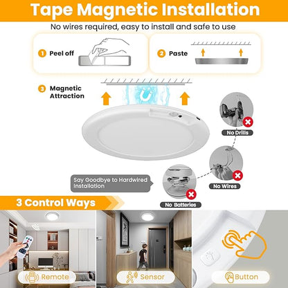 SunRider 2Pack Rechargeable Motion Sensor LED Ceiling Light with Remote, 3CCT Cordless Closet Lights Battery Operated for Shower Stair, Magnetic Mount