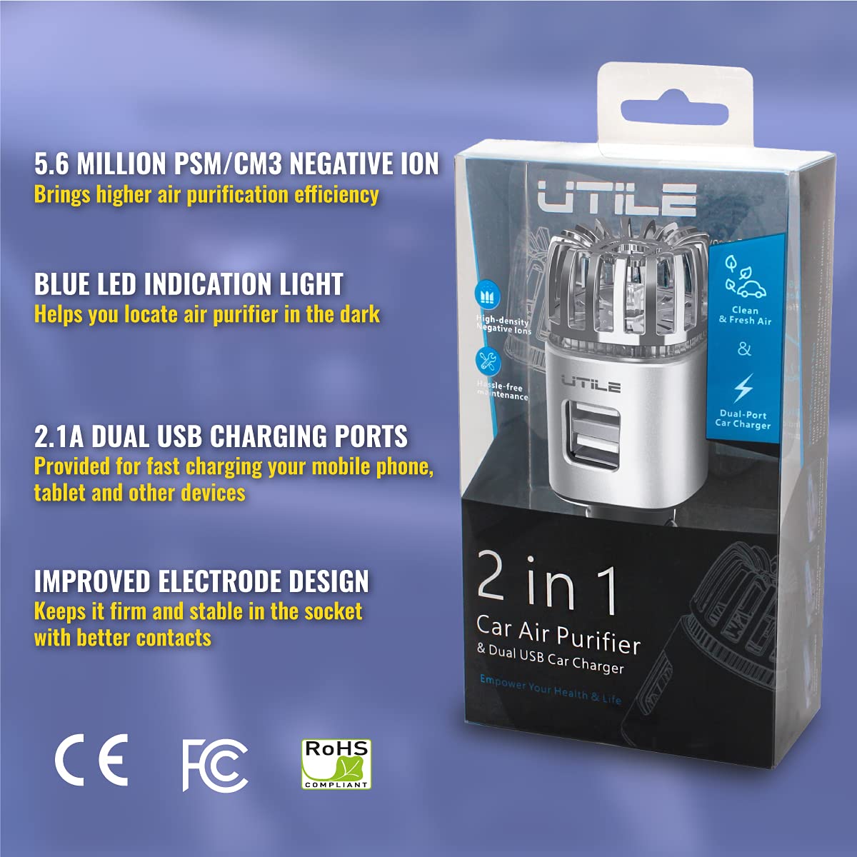 UTILE Car Ionizer Purifier with Dual USB Charger – Ionic Air Freshener for Odor Removal | 2.1A/0.8W USB Charging for Phone, Tablet and Other Devices (Silver, Pack of 1)