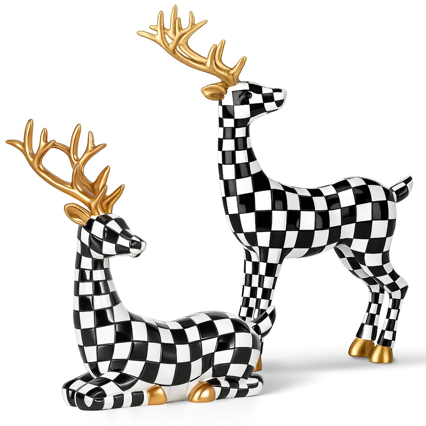 Yookeer 2 Pcs Christmas Reindeer Decoration Small Black and White Grid Deer Figurines Christmas Tabletop Reindeer Statue Centerpiece Ornaments for Mantel Fireplace Living Room Bedroom Decor