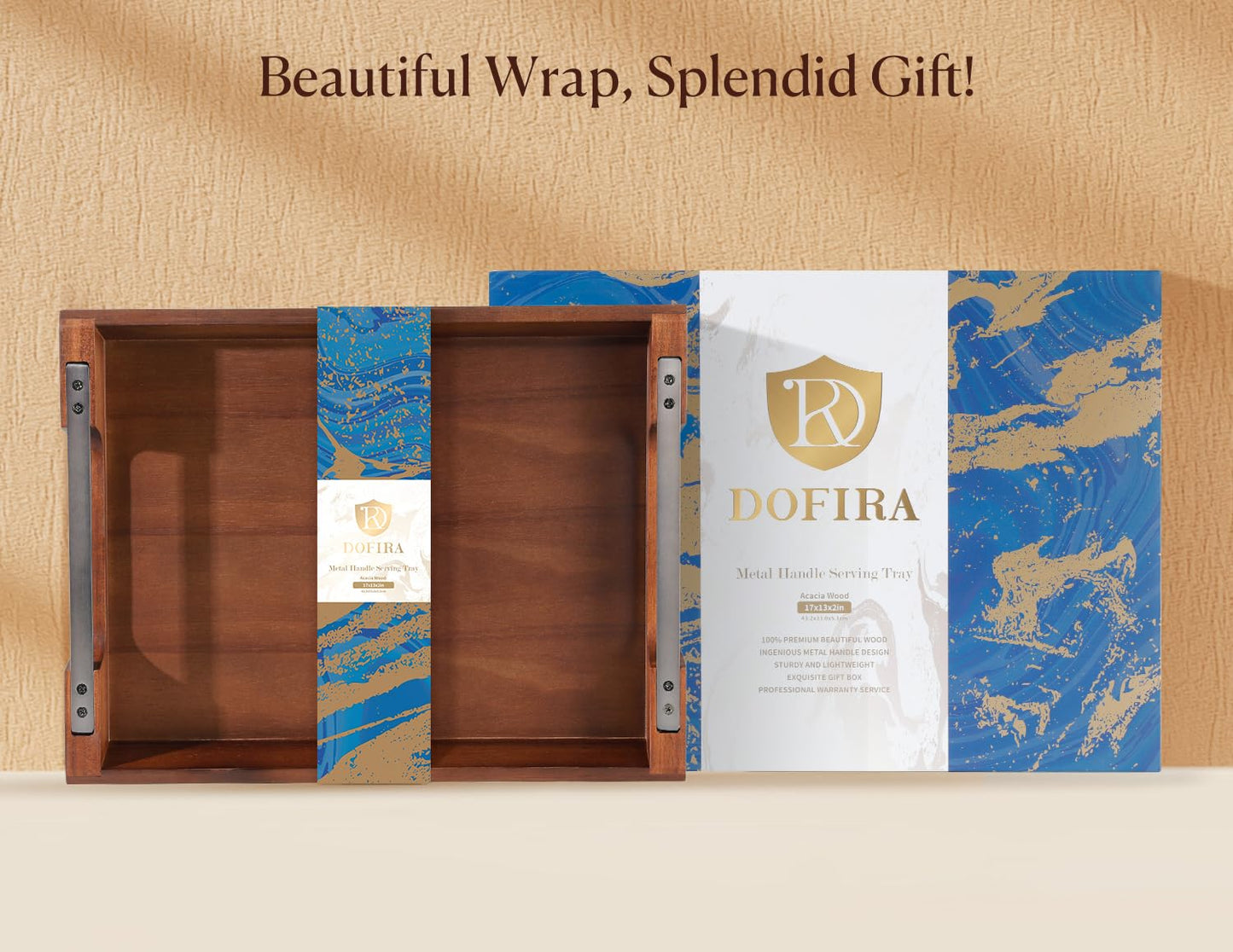 Dofira Acacia Wood Serving Tray with Metal Handles, 17x13in Food Drinks Tray for Coffee Table, Breakfast, Dinner & Bar, Rustic Decorative Storage Tray for Ottoman, Kitchen, Elegent Box for Gift
